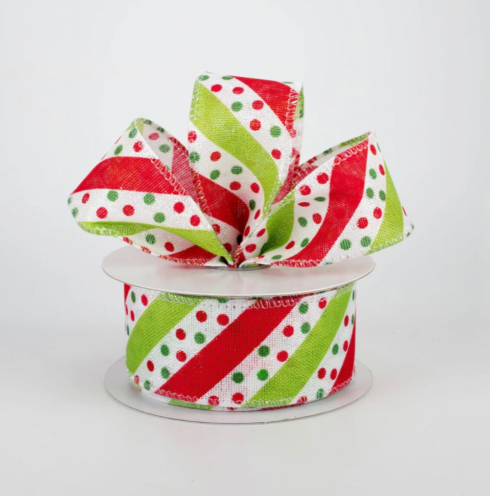 1.5” Dotty stripes, red, white and lime green, full roll 10 yards
