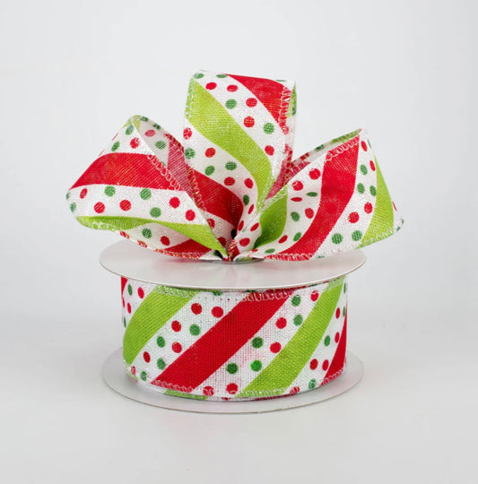 USA 1.5” Dotty stripes, red, white and lime green, full roll 10 yards