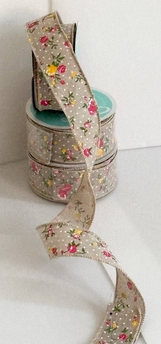 USA 1.5” wired ribbon, burlap floral design, whole roll 10 yards