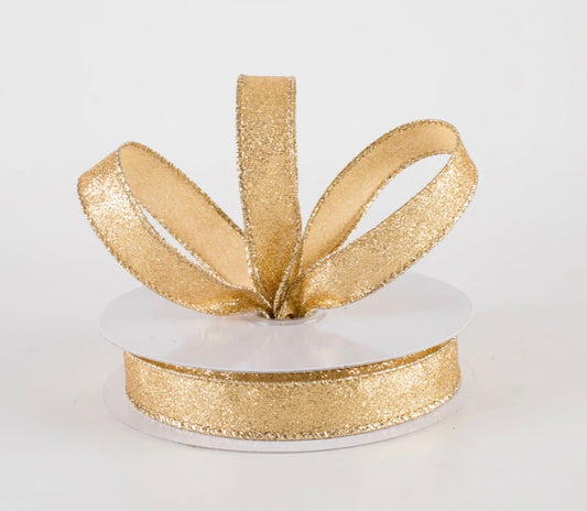 USA 5/8” shimmer glitter wired ribbon gold full roll 10 yards