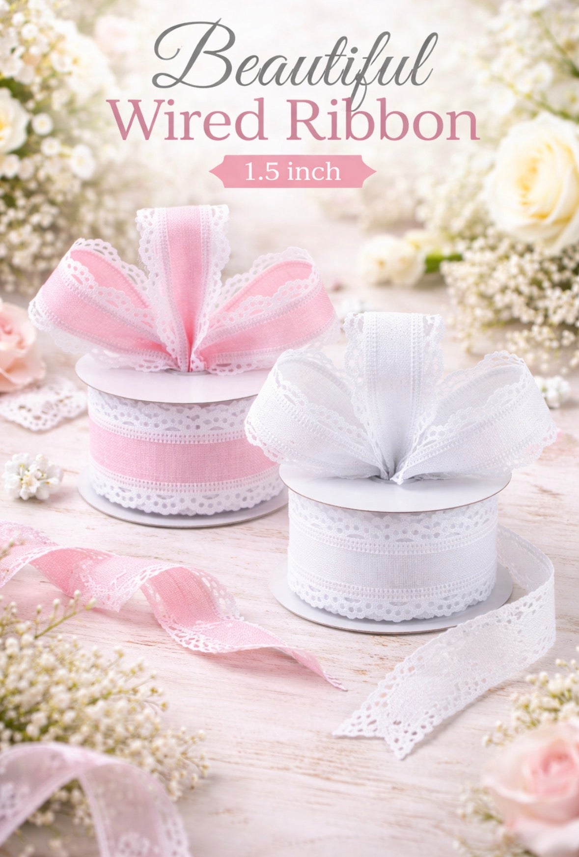 USA 1.5” scalloped edge white ribbon full roll 10 yards