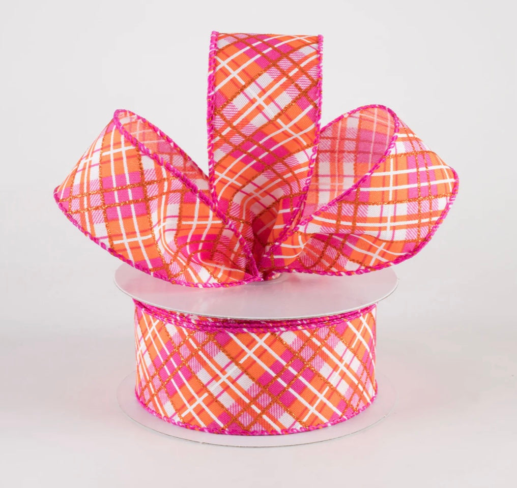 USA 1.5” glitter pink and orange wired ribbon, full roll 10 yards