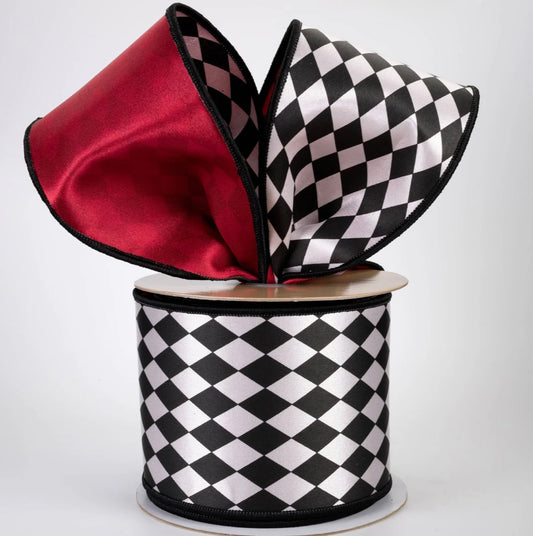 USA D’Lux 4” double sided fused harlequin black and white with satin red backing, full roll 10 yards