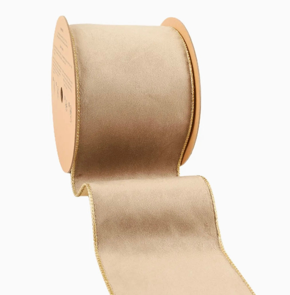 USA 4” designer wired ribbon, reversible classic velvet ribbon in latte/gold full roll 10 yards