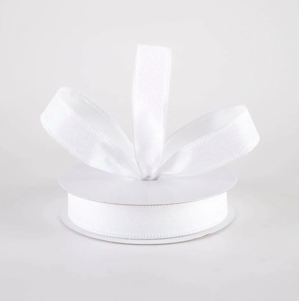 7/8” USA wired ribbon, glitter white iridescent  full roll 10 yards