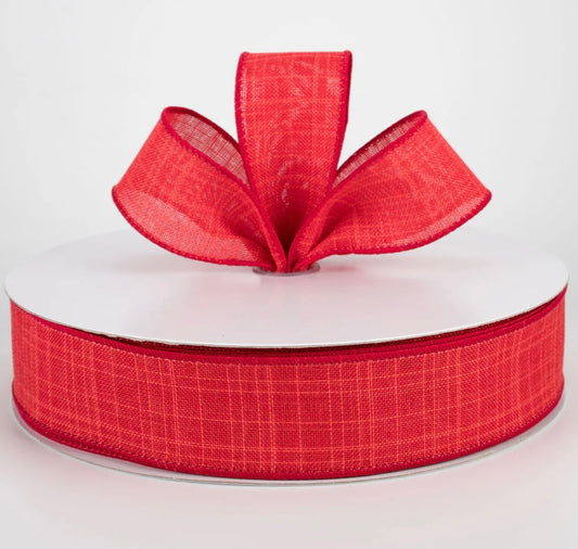 USA 1.5” red Estelle textured linen wired ribbon, sold by the meter