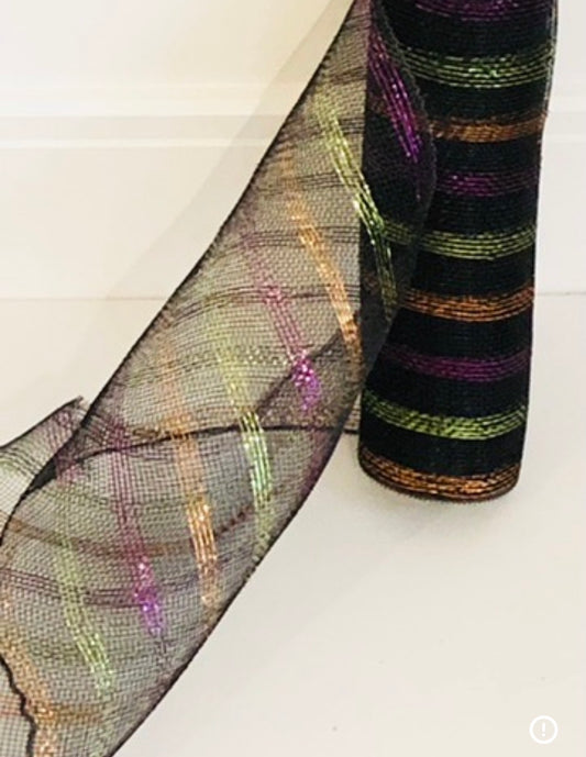 10 inch x  10 yards, metallic  deco mesh black with green  purple and orange stripes , Spring, summer, Halloween, Christmas