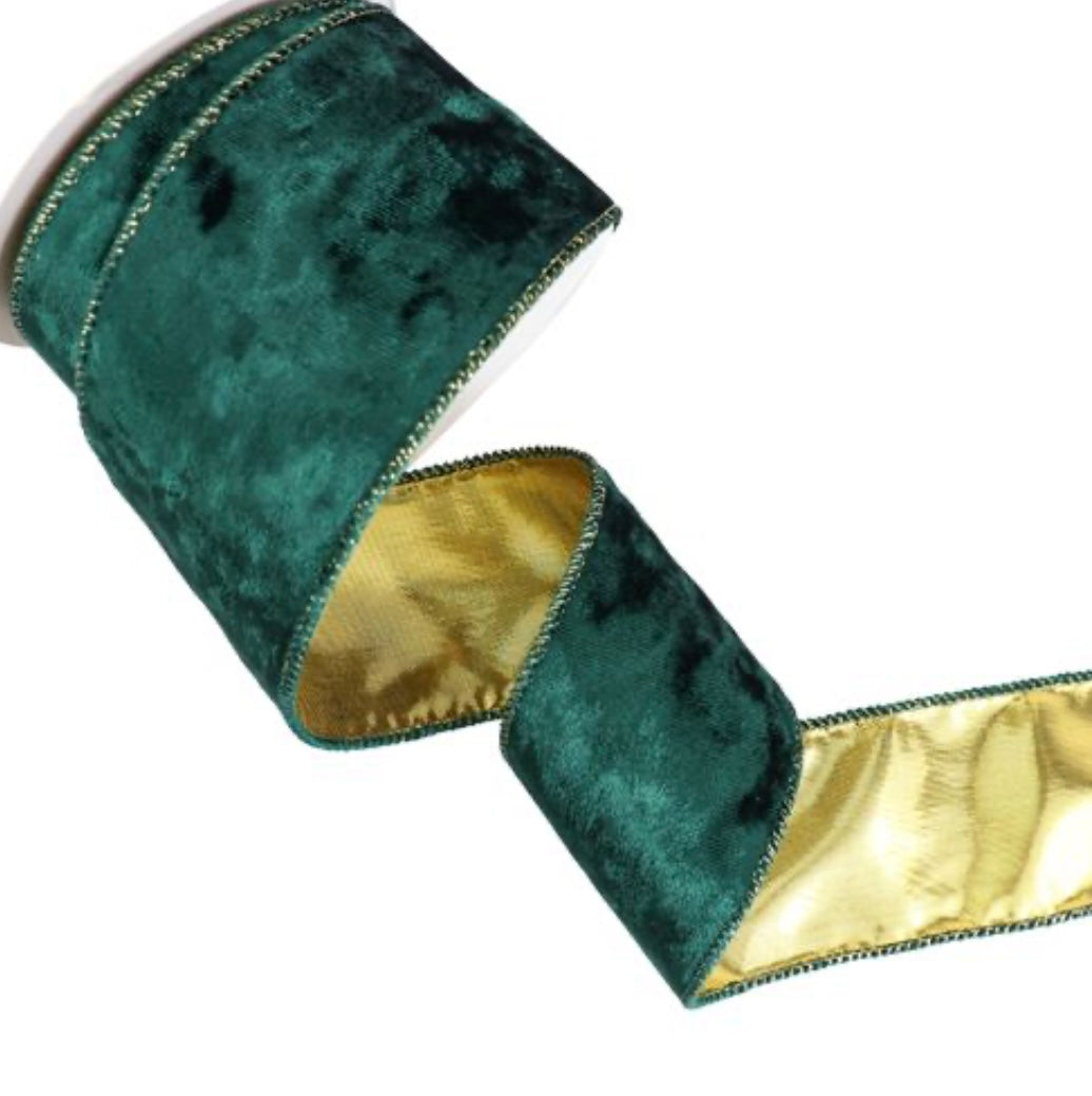 2.5” economy velvet and satin wired ribbon, emerald green and gold full roll 10 yards