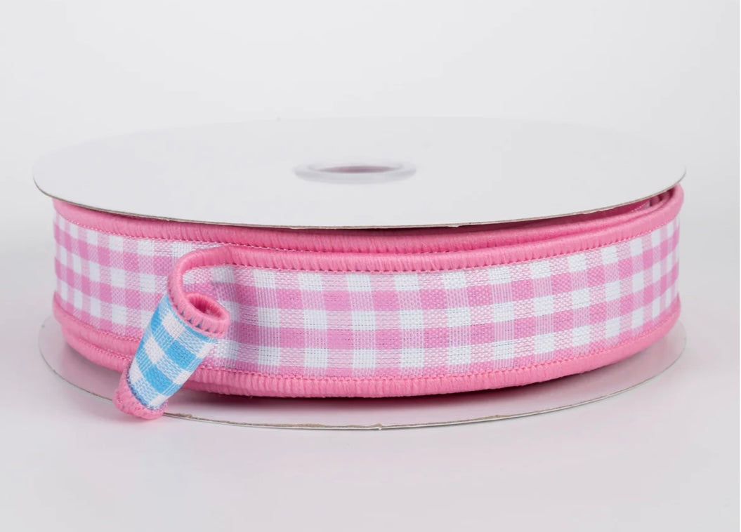 USA 7/8” double sided gingham pink/blue wired ribbon full roll 10 yards