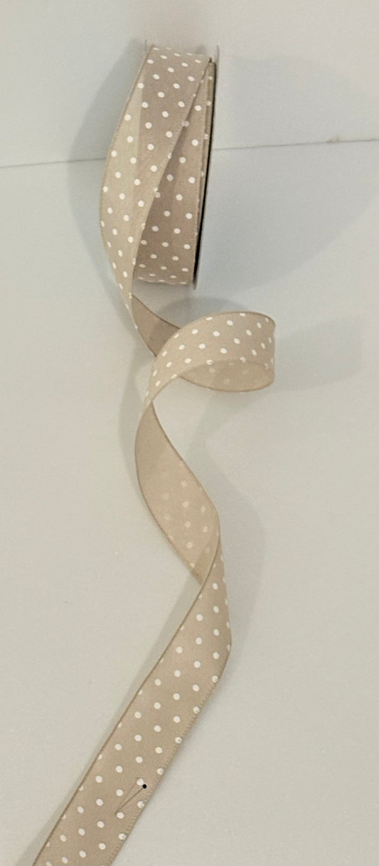 1.5” wired ribbon, natural burlap with white dots, sold by the meter