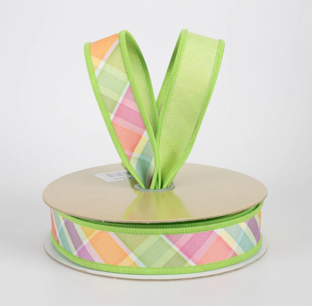 USA 7/8” D’Lux designer wired ribbon diagonal plaid green, full roll 10 yards