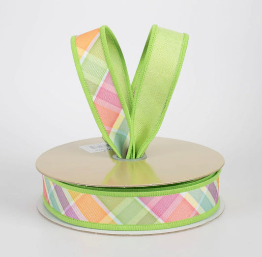 USA 7/8” D’Lux designer wired ribbon diagonal plaid green, full roll 10 yards