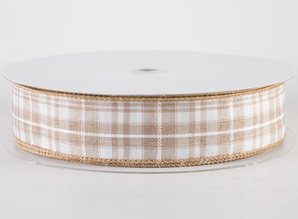 USA wired ribbon, Kennedy plaid, natural and white, sold by the meter