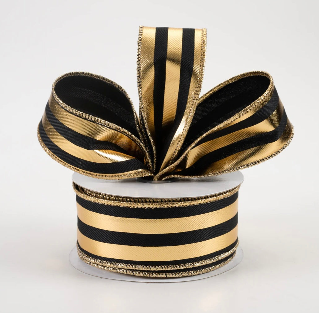 1.5” metallic vertical stripes black and gold, wired ribbon, full roll 10 yards