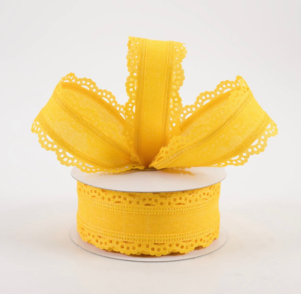 USA 1.5” scalloped edge wired ribbon, yellow full roll 10 yards