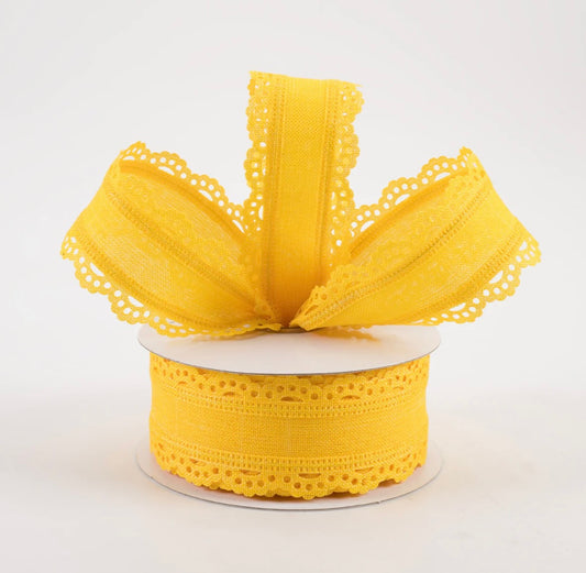 USA 1.5” scalloped edge wired ribbon, yellow full roll 10 yards