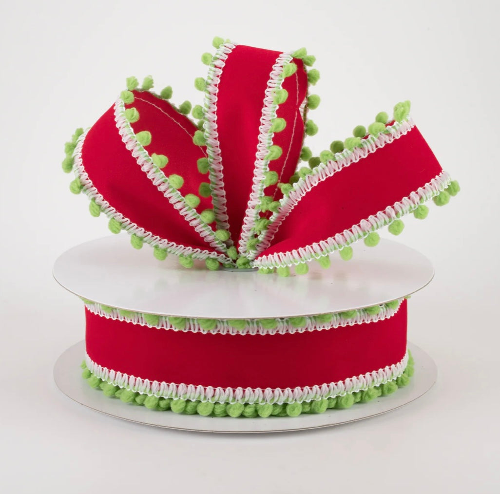 1.5” red velvet w/ green ball edge, full roll 10 yards