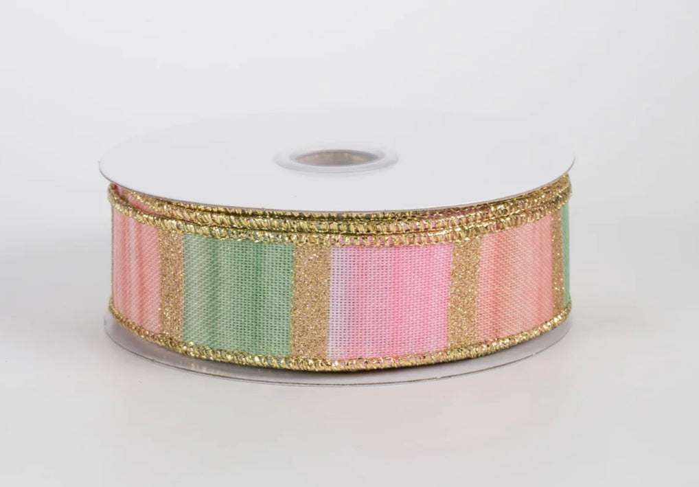 USA 7/8” glitter watercolour stripes, peach/sage/pink and gold, full roll 10 yards