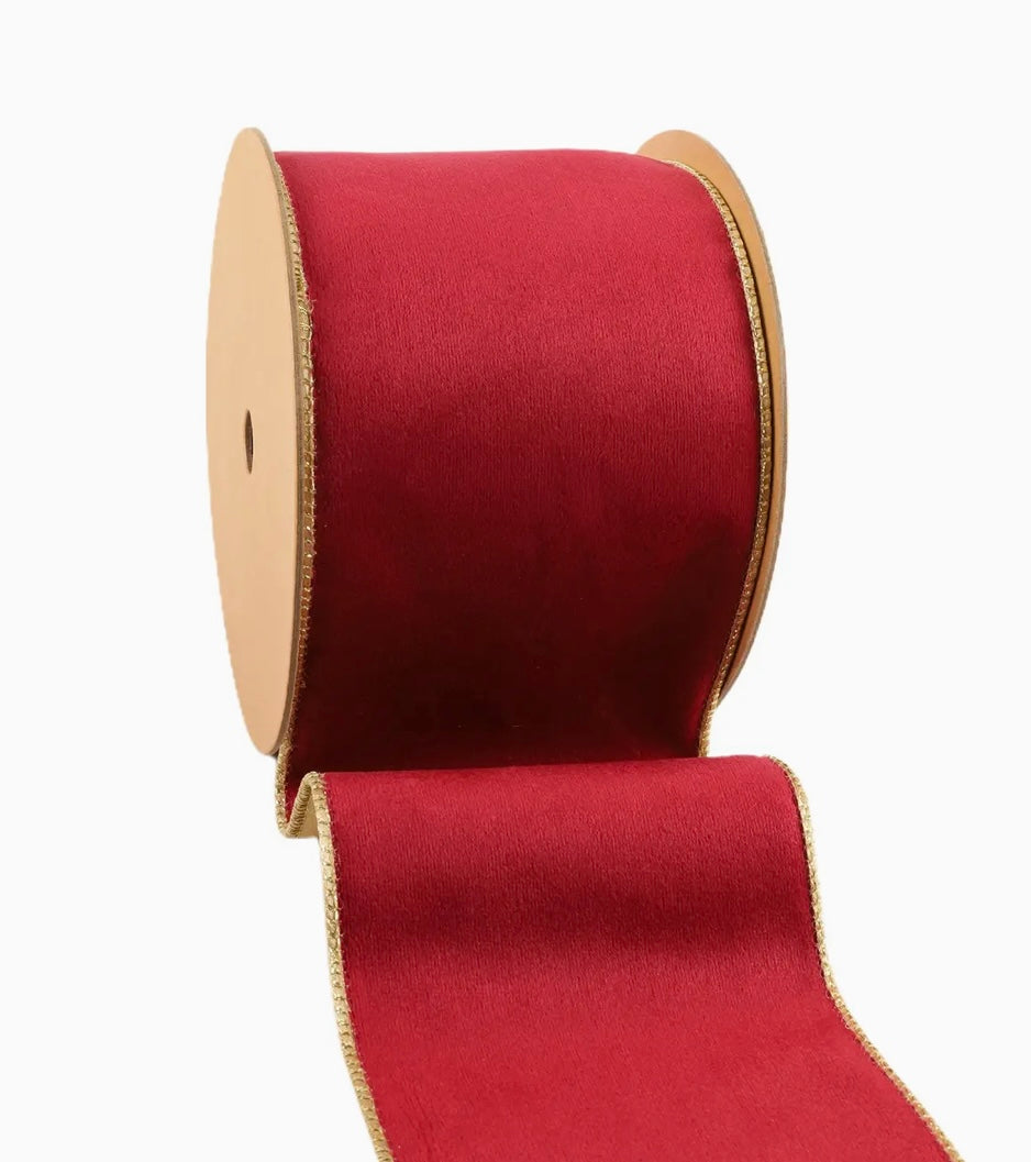USA 4” designer wired ribbon, reversible classic velvet burgundy/gold full roll 10 yards