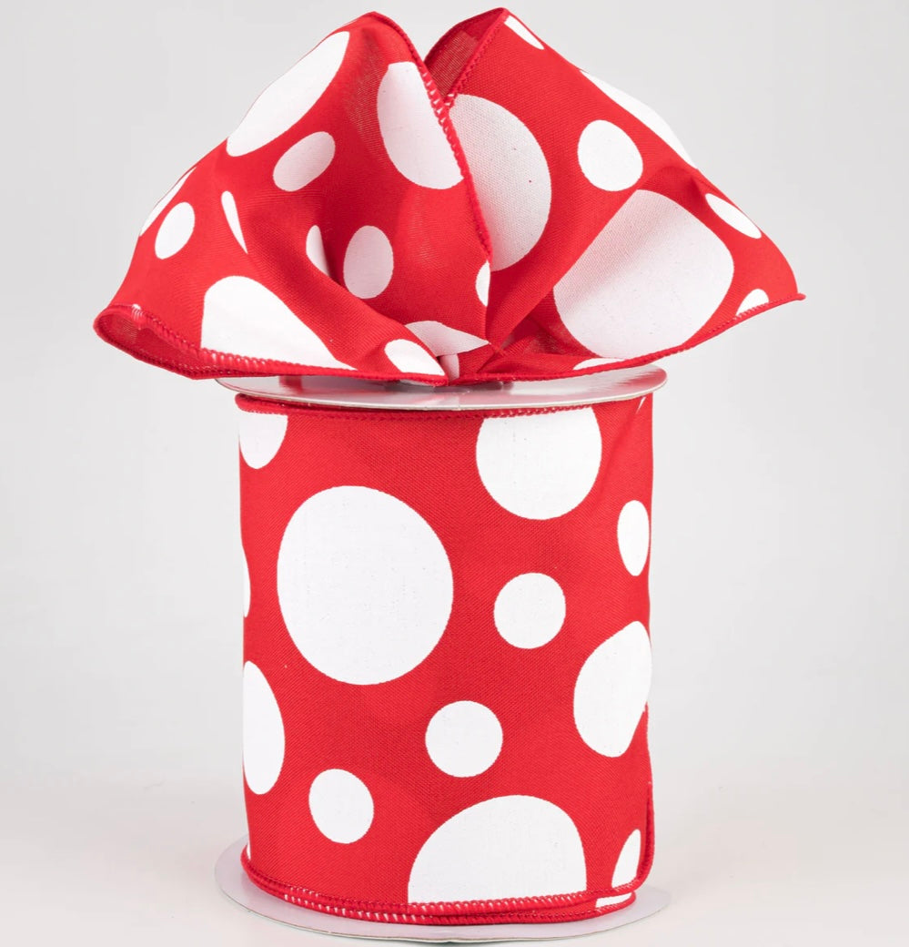 4” wired ribbon, three size dots, red and white, full roll 10 yards