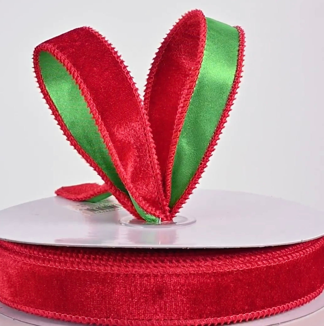 7/8” deluxe velvet satin backing red & green, wired ribbon full roll 10 yards