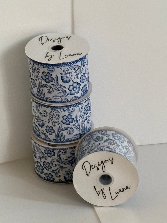 2.5” wired ribbon, blue flower, full roll 10 meters