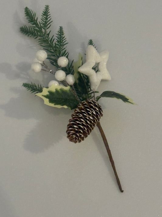 GR005A, 32cm glitter pine cone, white berries and star