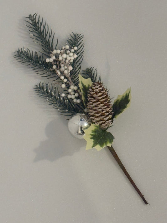 GR005B, 32cm glitter pine cone and silver ornament pick